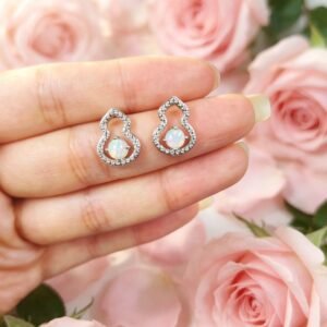 Gourd Shape Opal Stud Earrings, Sterling Silver Pin Earrings, Hollow Paved Crystal Opal Earrings for Women