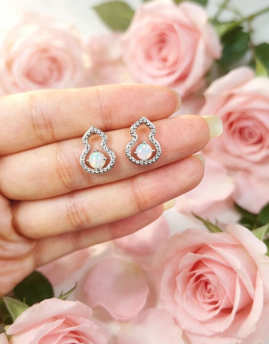 Gourd Shape Opal Stud Earrings, Sterling Silver Pin Earrings, Hollow Paved Crystal Opal Earrings for Women