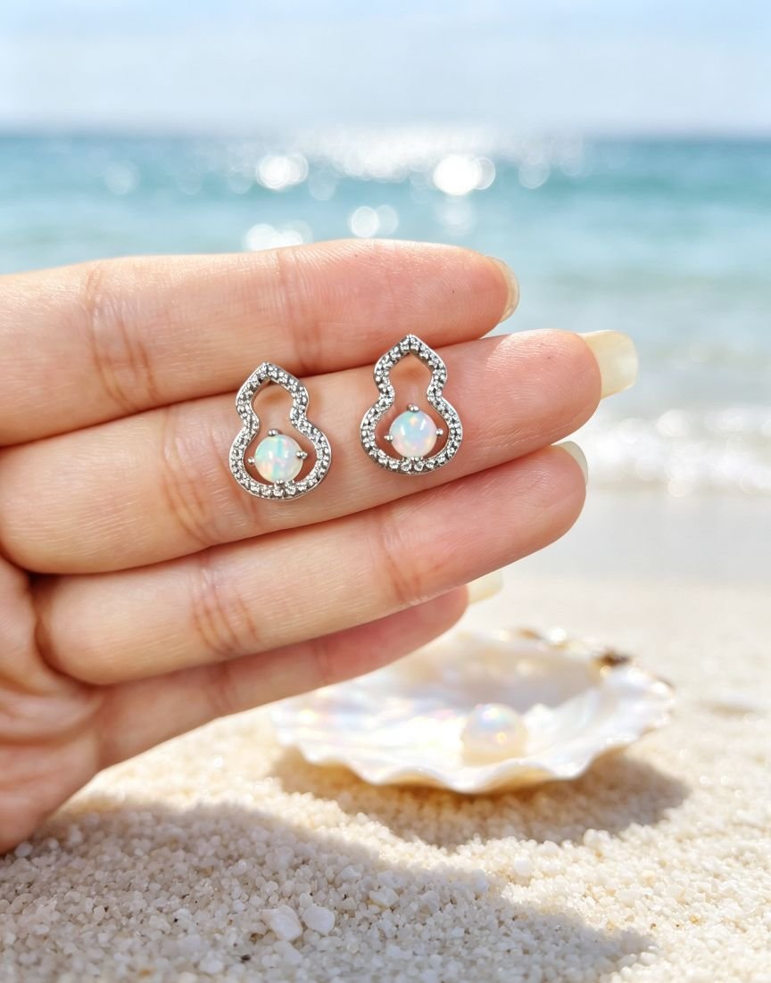 Gourd Shape Opal Stud Earrings, Sterling Silver Pin Earrings, Hollow Paved Crystal Opal Earrings for Women - 图片 4