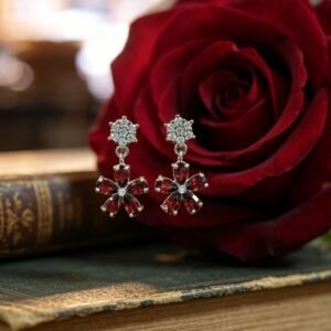 Vintage Floral Garnet Dangling Earrings, Sterling Silver Ear Pin, Romantic Red Gem Jewelry for Her