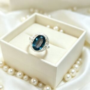 Vintage Bamboo Frame London Blue Topaz Titanium Steel Ring for Women, Oval Cut Gemstone Statement Ring