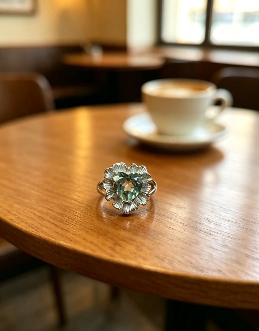 Vintage Ruffled Floral Frame Green Crystal Titanium Steel Ring for Women, Heart Cut Gemstone Statement Ring - 图片 2