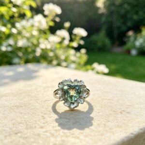 Vintage Ruffled Floral Frame Green Crystal Titanium Steel Ring for Women, Heart Cut Gemstone Statement Ring