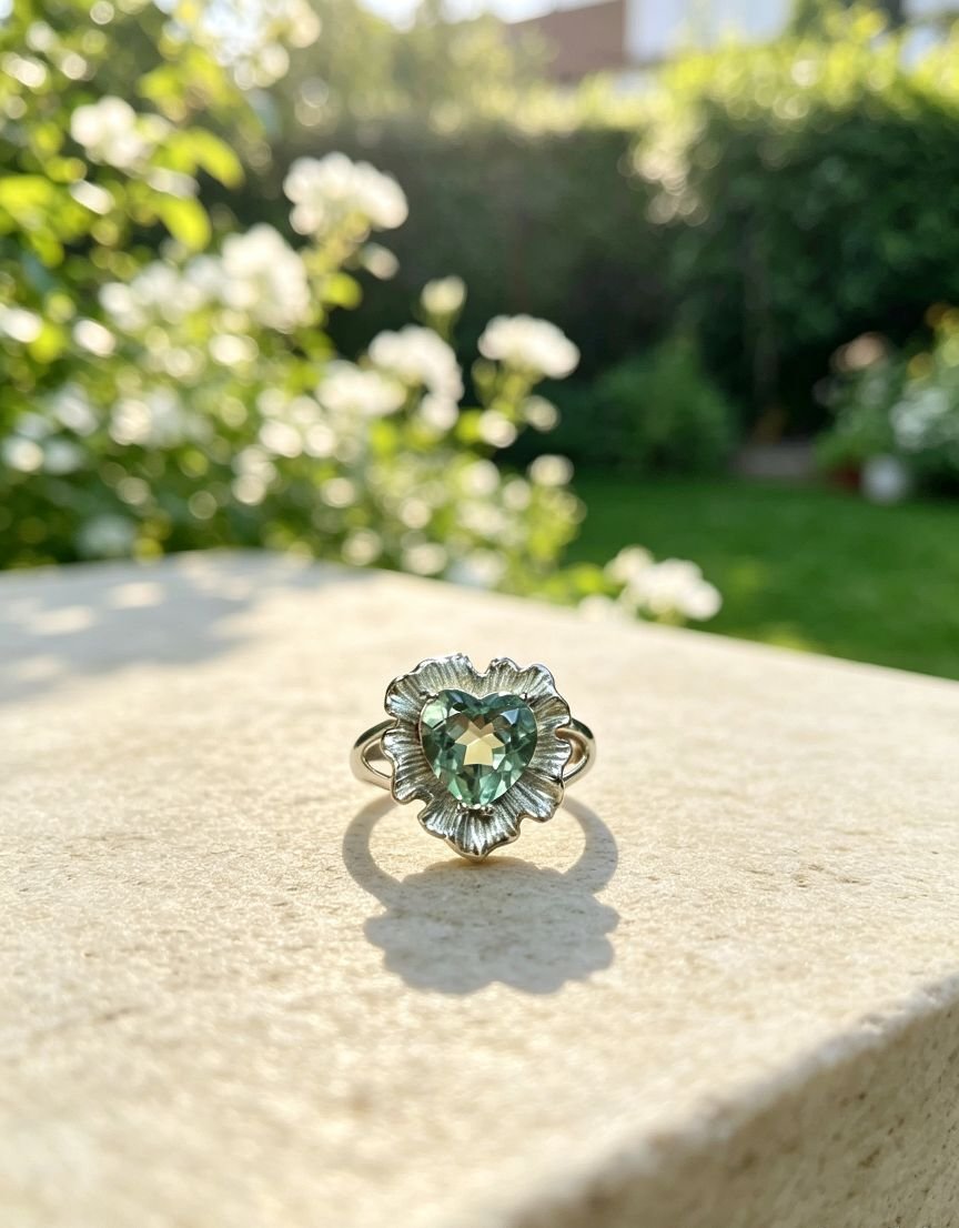 Vintage Ruffled Floral Frame Green Crystal Titanium Steel Ring for Women, Heart Cut Gemstone Statement Ring