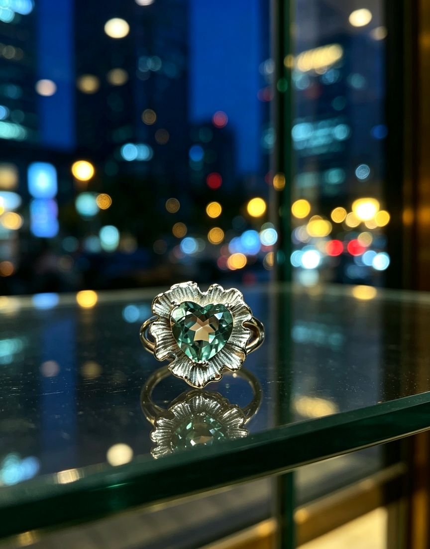 Vintage Ruffled Floral Frame Green Crystal Titanium Steel Ring for Women, Heart Cut Gemstone Statement Ring - 图片 3