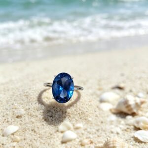 Women’s Minimalist Oval Sapphire Solitaire Ring, 4 Prong Setting Titanium Steel Finger Ring