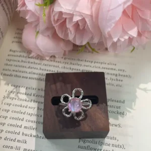 Hollow Flower Copper Ring, Iridescent Pink Shell Gem Statement Ring, Bohemian Floral Handmade Style Ring for Women