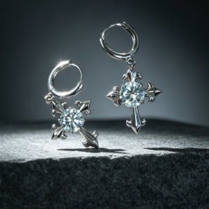 Vintage Gothic Cross Moissanite Dangle Huggie Earrings Silver Plated Sparkly Drop Earrings for Women