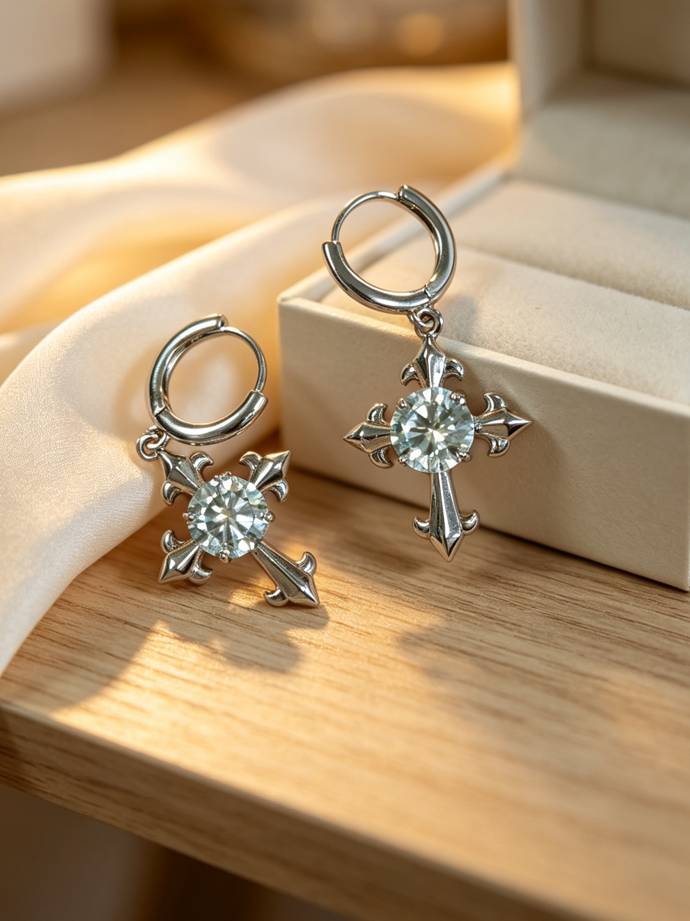 Vintage Gothic Cross Moissanite Dangle Huggie Earrings Silver Plated Sparkly Drop Earrings for Women - 图片 3