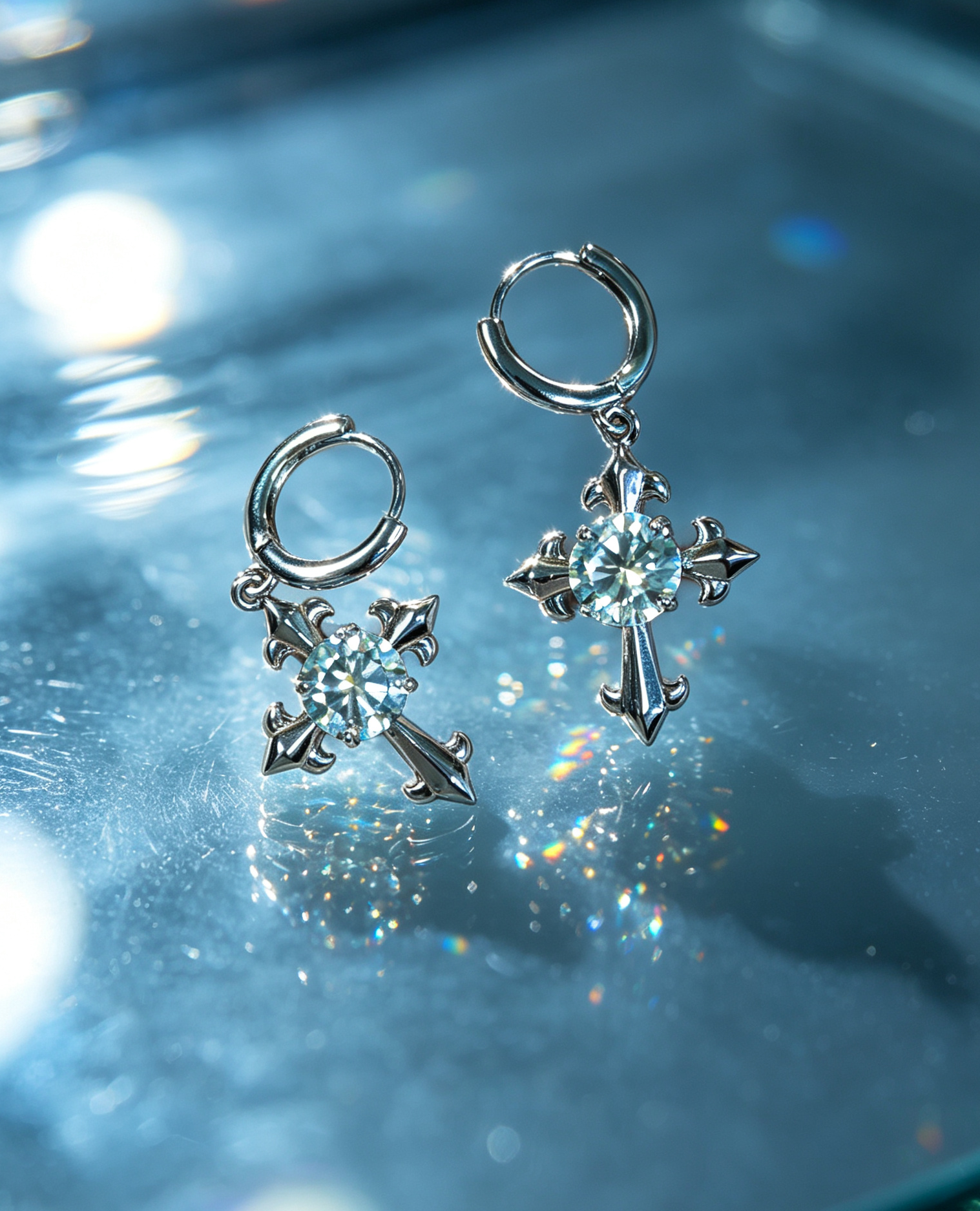 Vintage Gothic Cross Moissanite Dangle Huggie Earrings Silver Plated Sparkly Drop Earrings for Women - 图片 2