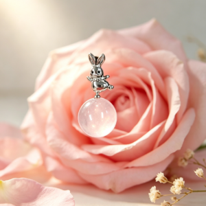Cute Bunny Natural Rose Quartz Round Ball Pendant, Silver‑Tone Animal Gemstone Charm Necklace for Women Gift