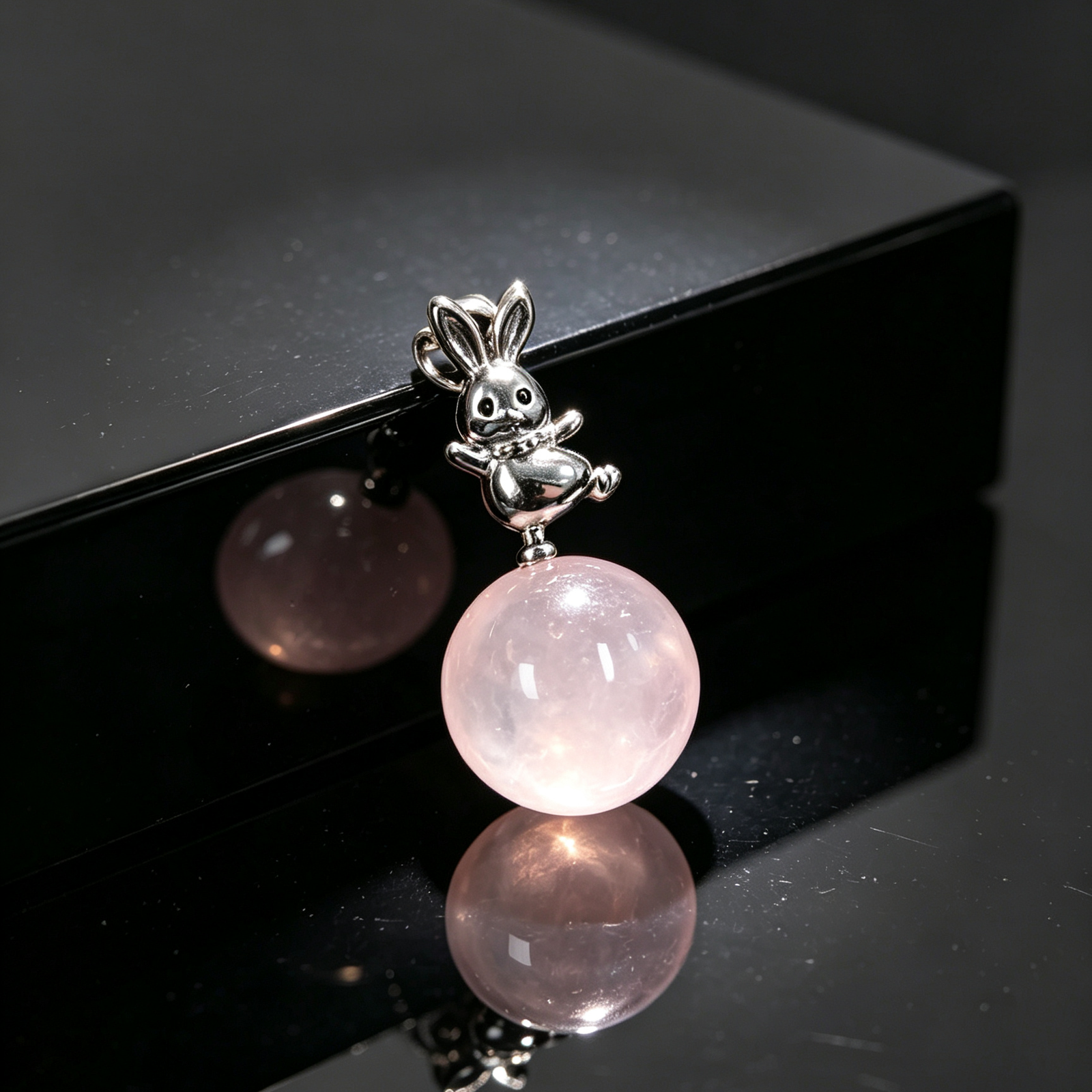 Cute Bunny Natural Rose Quartz Round Ball Pendant, Silver‑Tone Animal Gemstone Charm Necklace for Women Gift - 图片 4