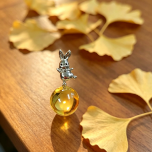 Cute Bunny Natural Citrine Round Sphere Pendant, Silver‑Plated Copper Animal Gemstone Charm for Women, Chain Not Included