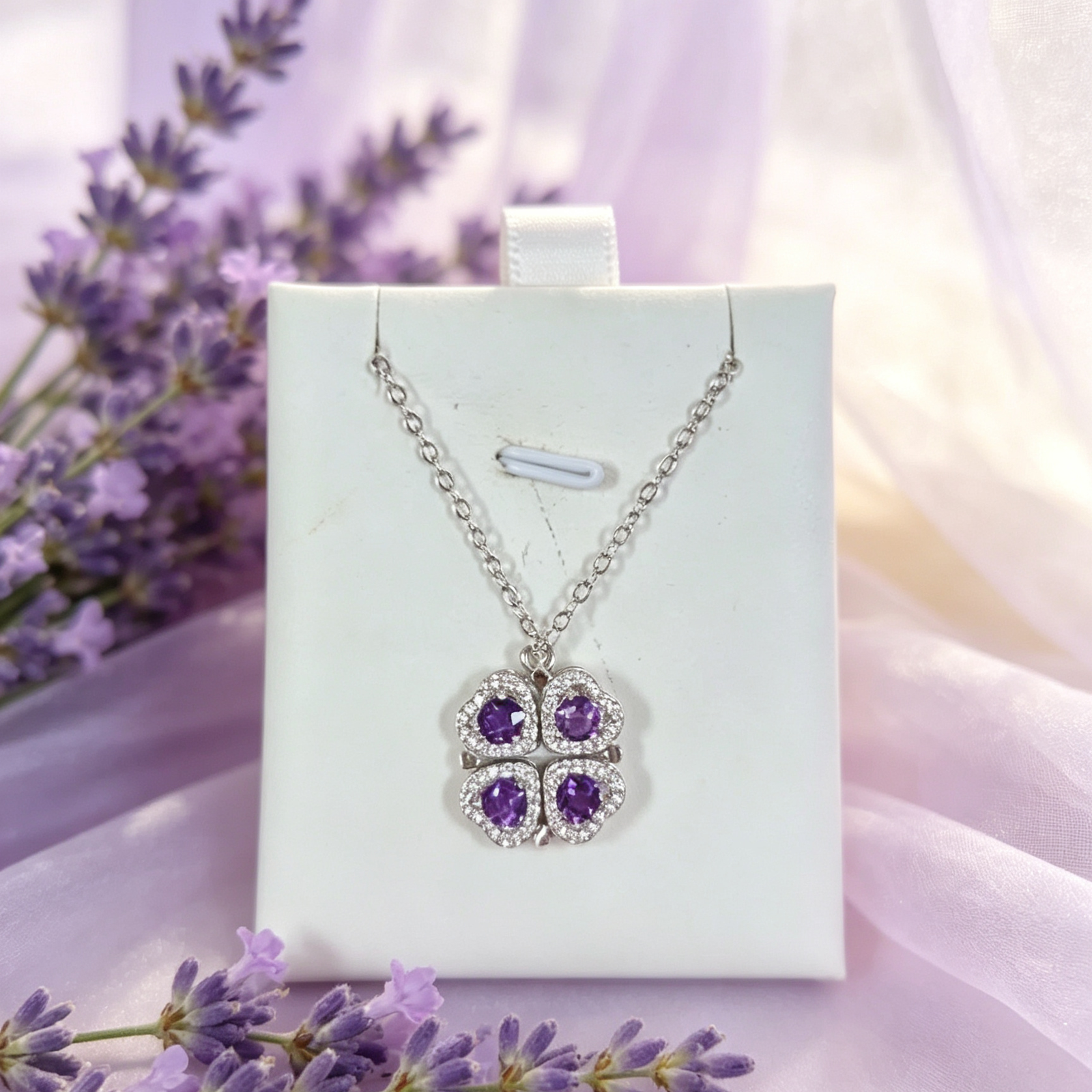 Magnetic Convertible Four‑Leaf Clover Natural Amethyst Necklace, 2‑Way Wear Heart‑Shape Gemstone Silver‑Tone Necklace for Women