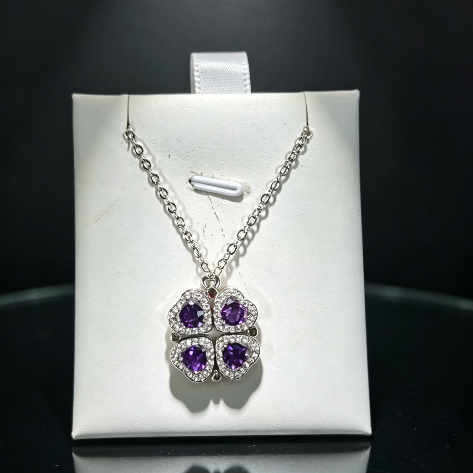 Magnetic Convertible Four‑Leaf Clover Natural Amethyst Necklace, 2‑Way Wear Heart‑Shape Gemstone Silver‑Tone Necklace for Women - 图片 3