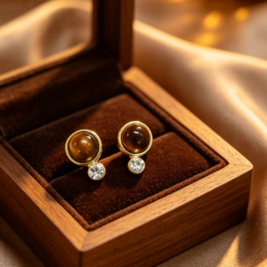 Natural Tiger's Eye Round Stud Earrings with Silver Posts, Cubic Zirconia Accent Vintage Gemstone Earrings for Women