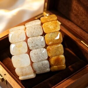 Multi‑Shade Natural Yellow Jade Gemstone Hand Band, Rectangular Flat Elastic Wrist Bracelet Unisex