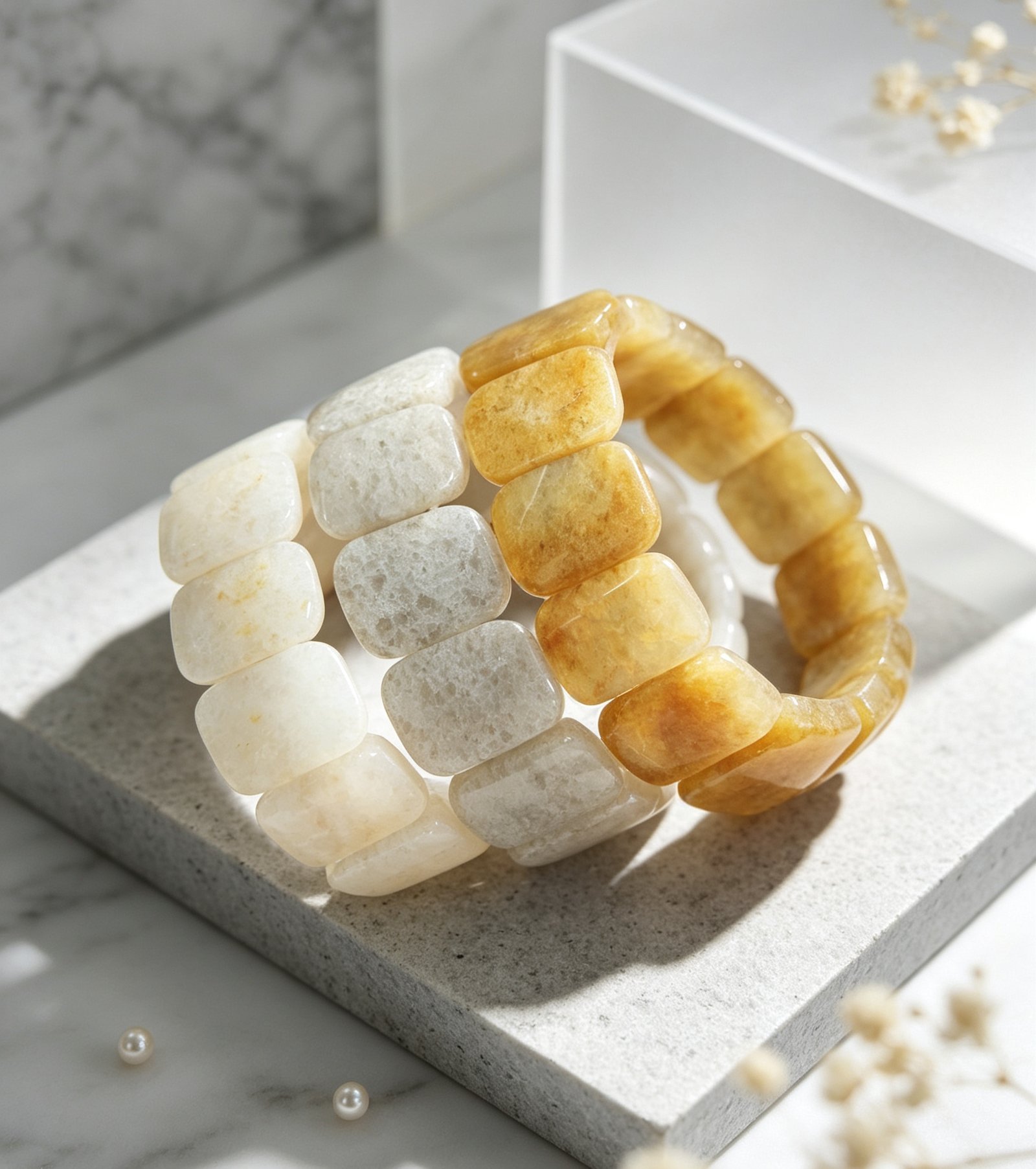 Multi‑Shade Natural Yellow Jade Gemstone Hand Band, Rectangular Flat Elastic Wrist Bracelet Unisex - 图片 3