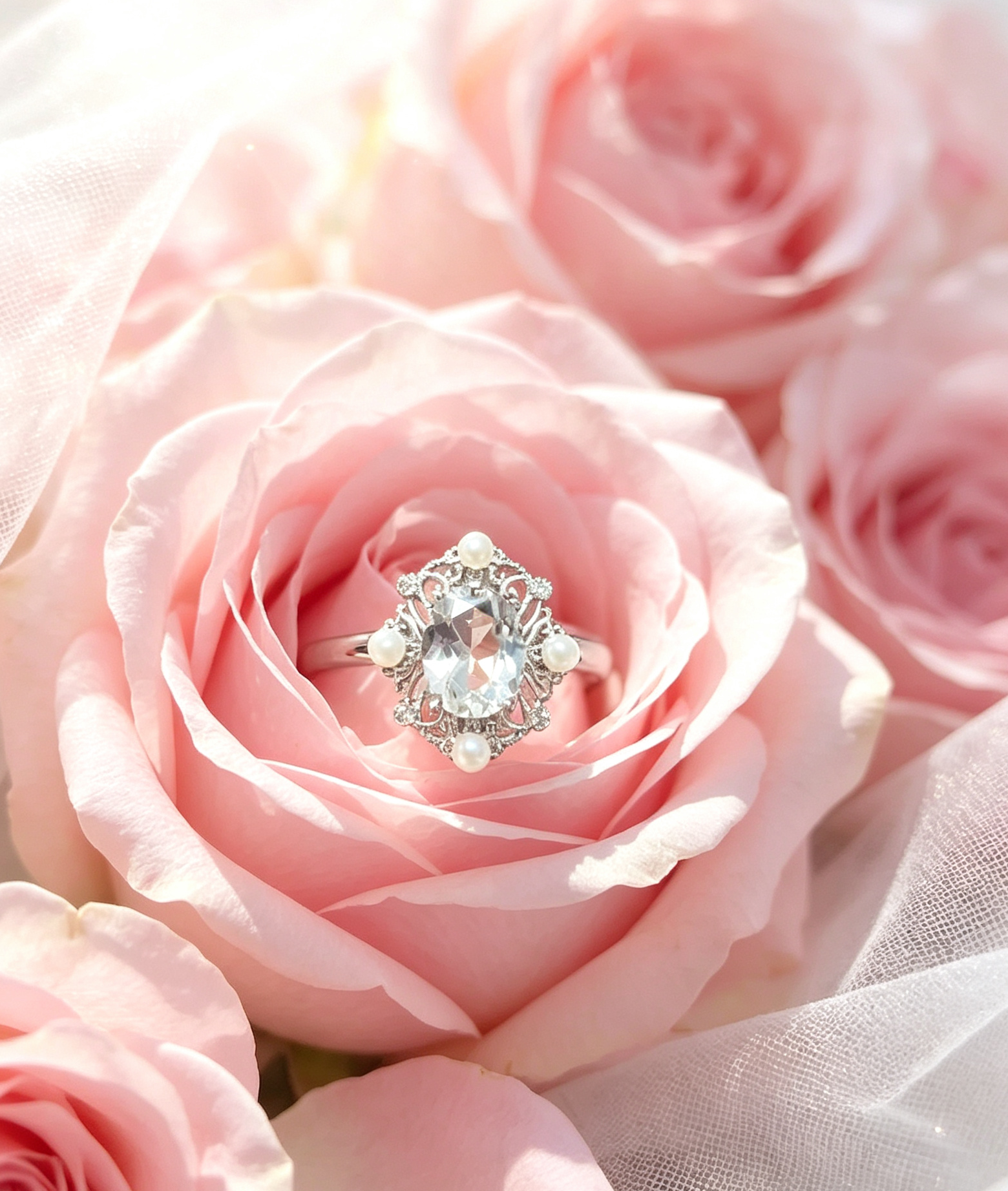 French Vintage Palace‑style Hollow Titanium Steel Ring, Luxury White Crystal & Pearl - 图片 3