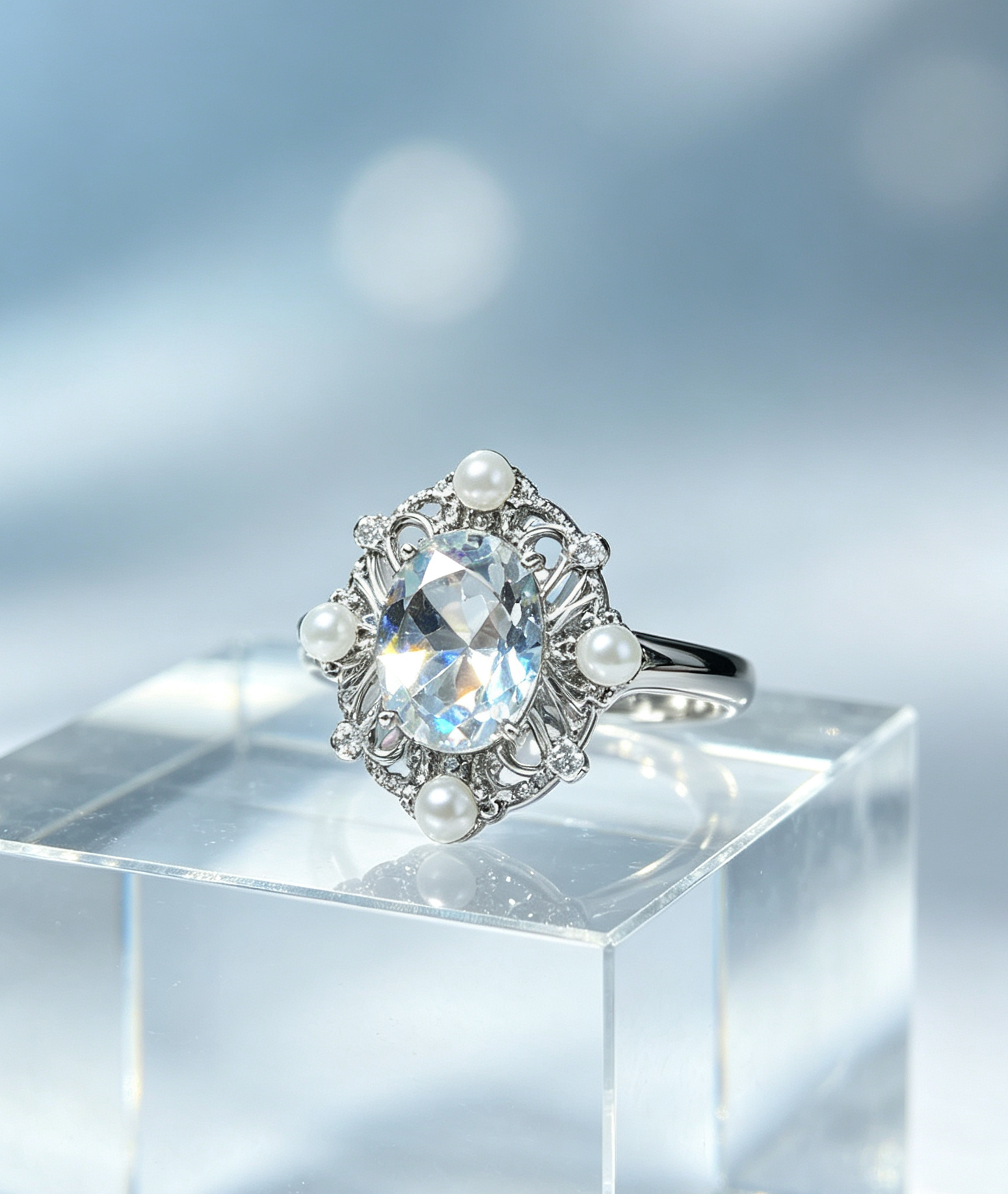 French Vintage Palace‑style Hollow Titanium Steel Ring, Luxury White Crystal & Pearl - 图片 4