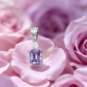 Rectangle Cut Amethyst Pendant Necklace, Stainless Steel Purple Crystal Charm for Women Five‑Element Jewelry