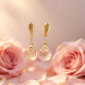 Natural Citrine Round Bead Dangle Earrings with Zircon Accent, Gold Plated