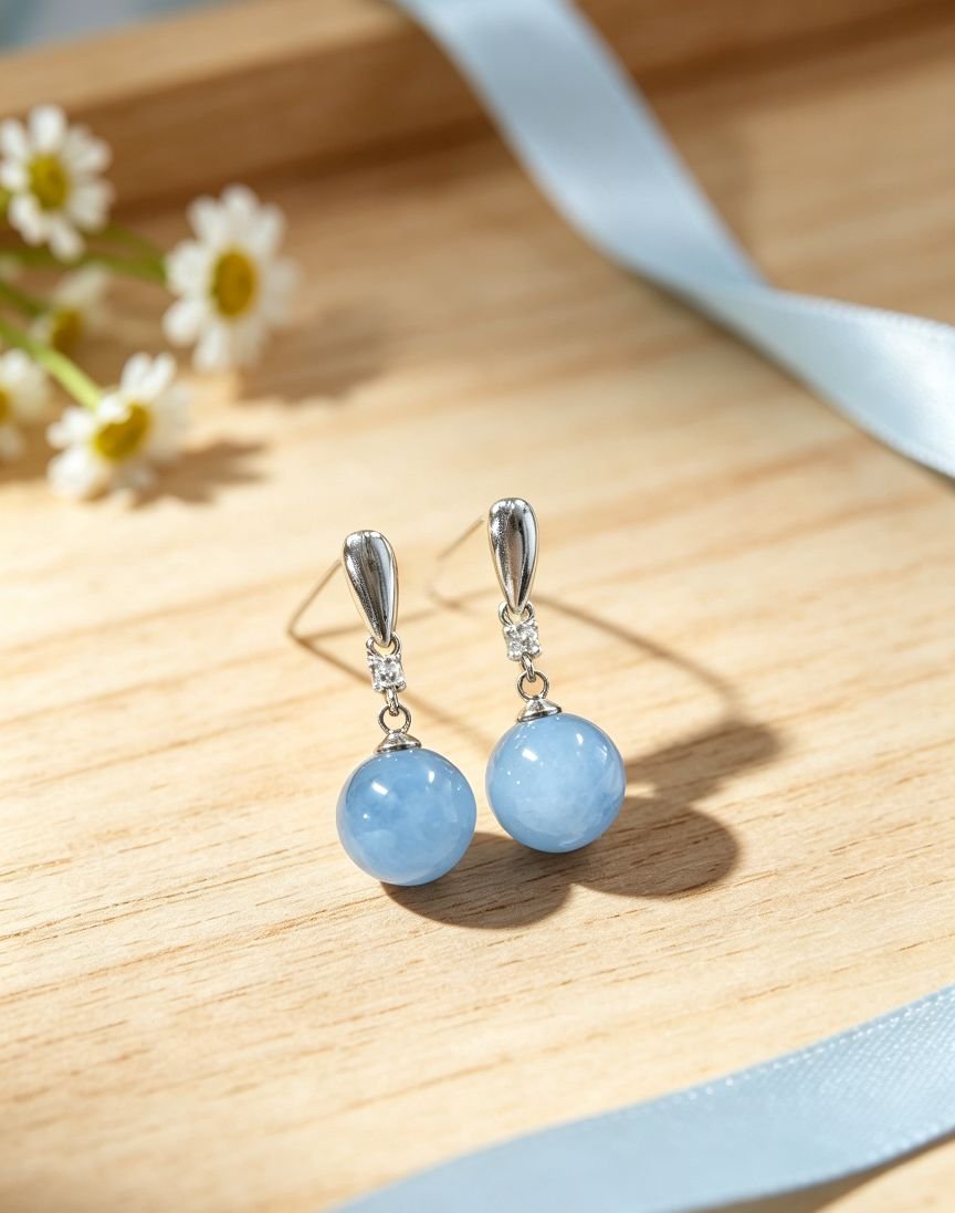 Natural Aquamarine Round Bead Dangle Earrings with Zircon Accent, Silver Needle Post - 图片 4