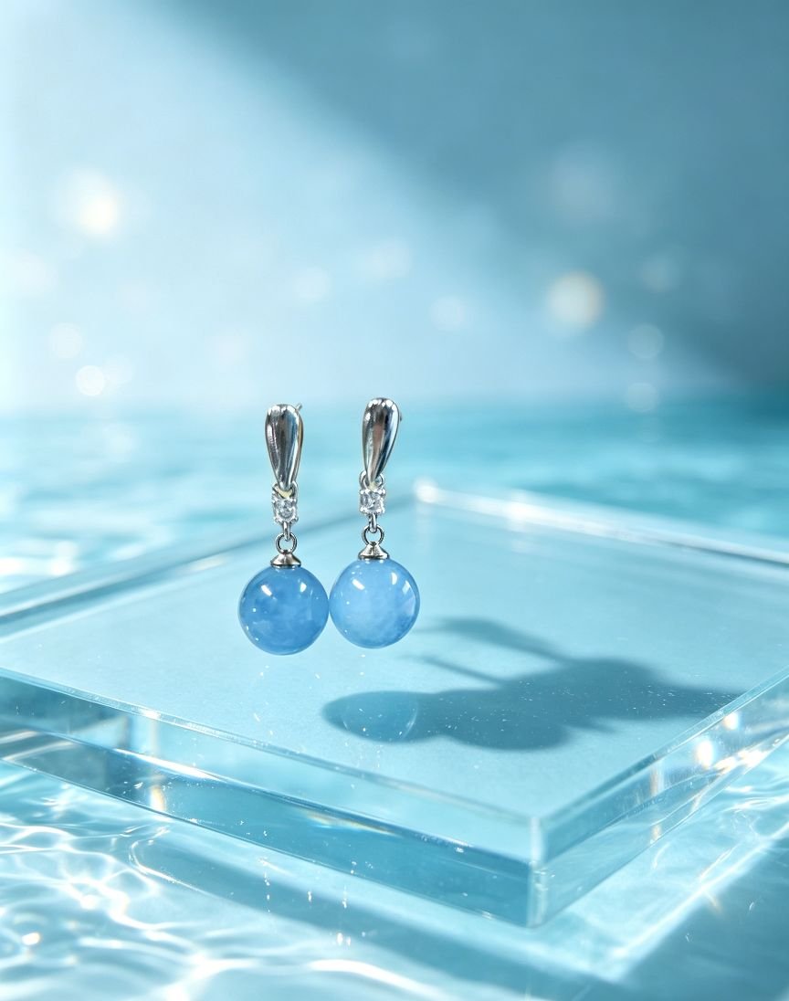Natural Aquamarine Round Bead Dangle Earrings with Zircon Accent, Silver Needle Post - 图片 3