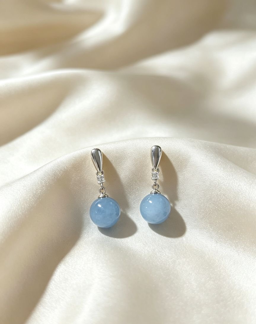 Natural Aquamarine Round Bead Dangle Earrings with Zircon Accent, Silver Needle Post - 图片 2
