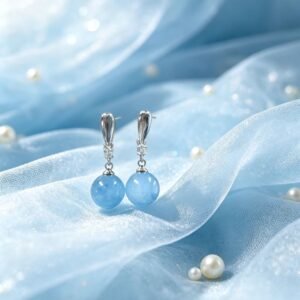 Natural Aquamarine Round Bead Dangle Earrings with Zircon Accent, Silver Needle Post