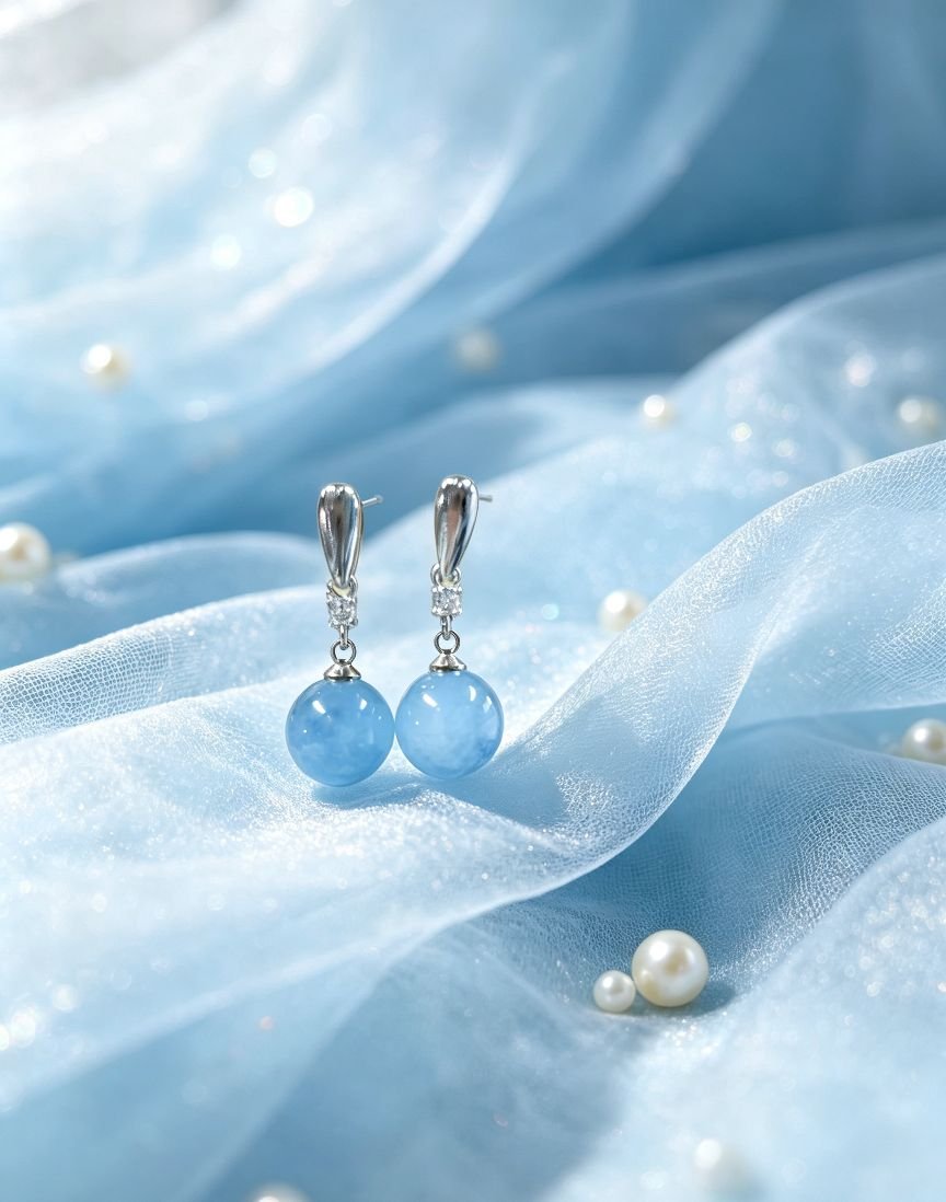 Natural Aquamarine Round Bead Dangle Earrings with Zircon Accent, Silver Needle Post