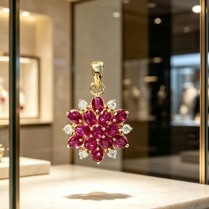 Exquisite snowflake design ruby pendant, made of copper with gold plating, decorated with sparkling CZ stones. 3D blooming snowflake design with gorgeous luster. Perfect for banquets, weddings and special occasions.