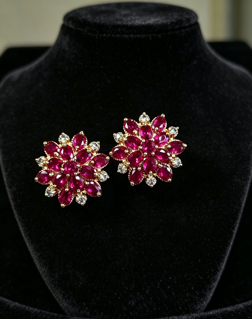 Vintage Snowflake Floral Ruby Stud Earrings with Silver Pin, Women Party Gemstone Earrings, One Pair - 图片 4