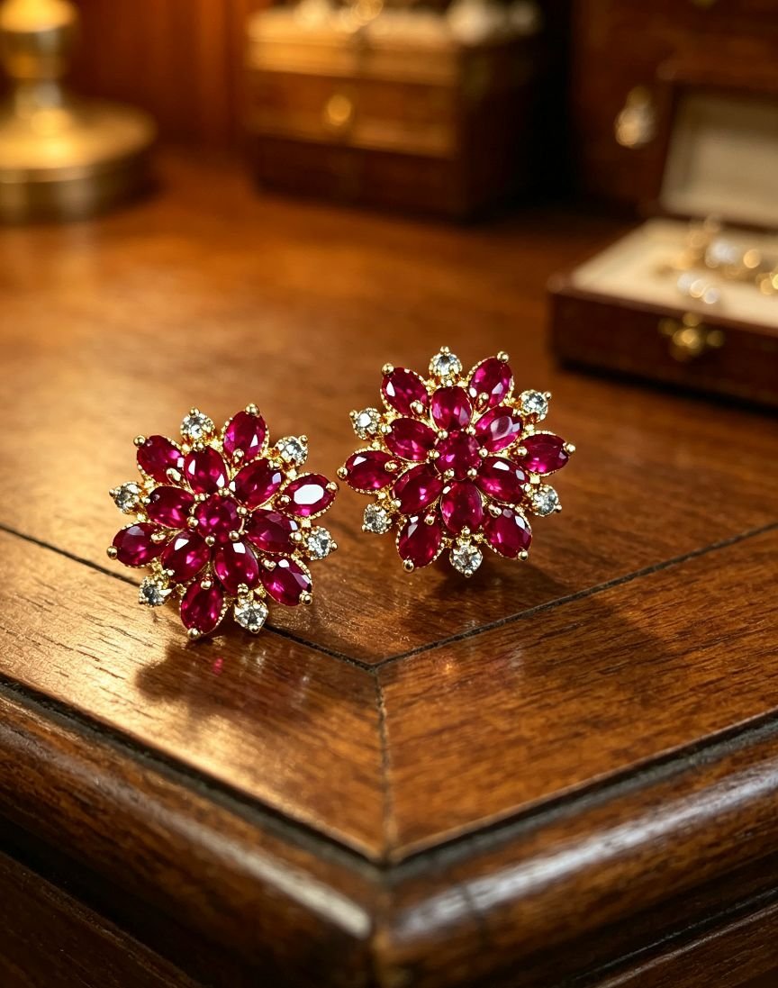 Vintage Snowflake Floral Ruby Stud Earrings with Silver Pin, Women Party Gemstone Earrings, One Pair - 图片 3