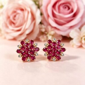 Vintage Snowflake Floral Ruby Stud Earrings with Silver Pin, Women Party Gemstone Earrings, One Pair