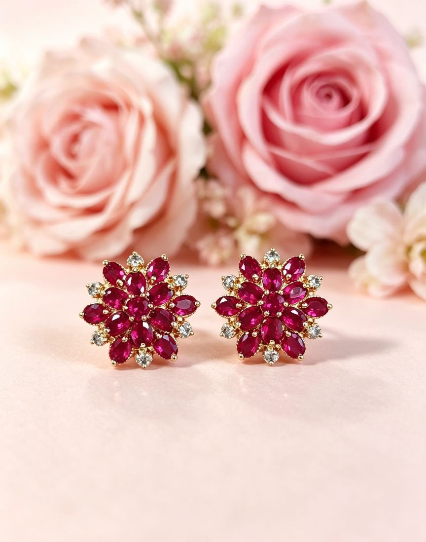 Vintage Snowflake Floral Ruby Stud Earrings with Silver Pin, Women Party Gemstone Earrings, One Pair