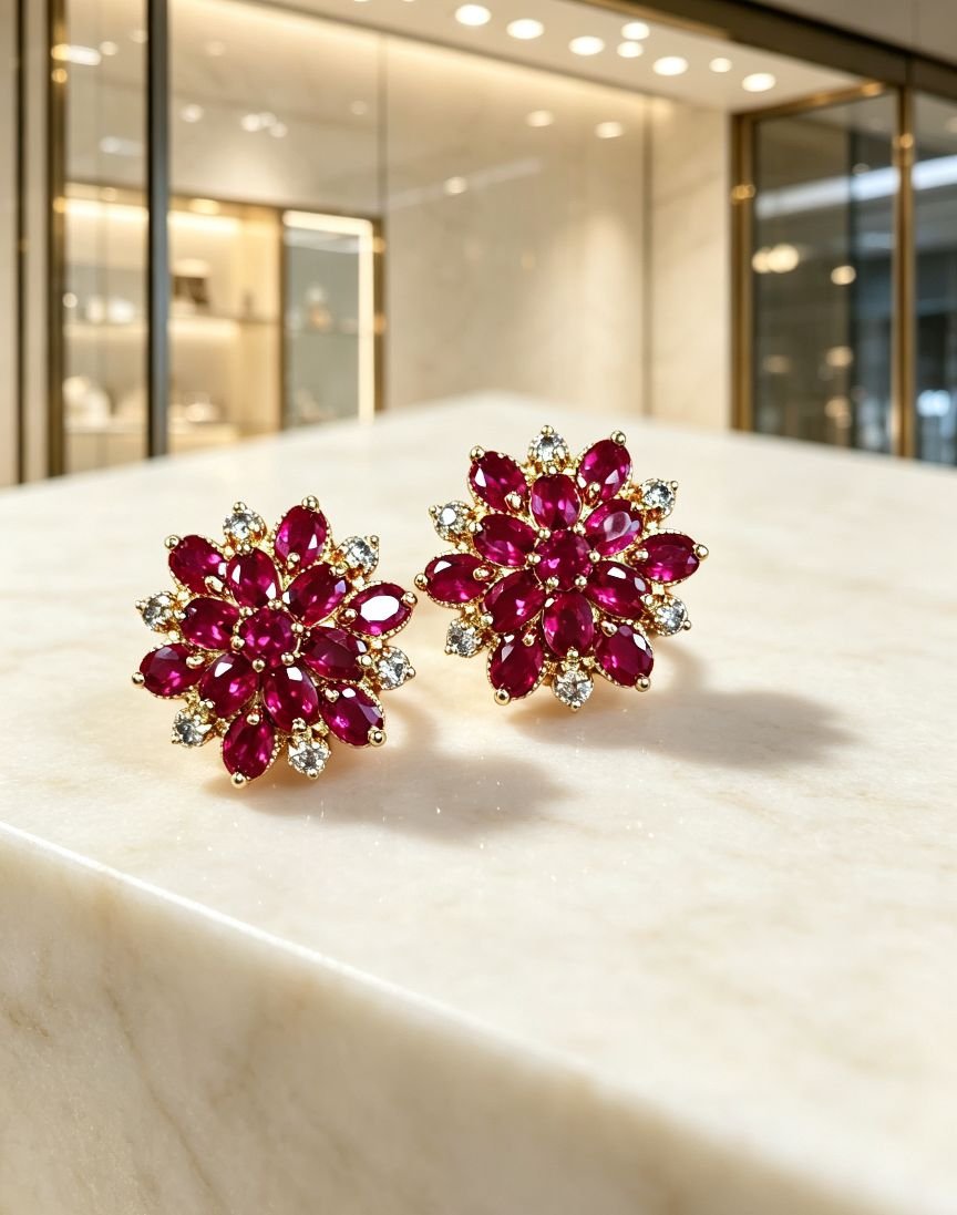Vintage Snowflake Floral Ruby Stud Earrings with Silver Pin, Women Party Gemstone Earrings, One Pair - 图片 2