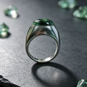Vintage Natural Green Seraphinite Signet Ring for Men, Stainless Steel Adjustable Cabochon Green Crystal Statement Ring