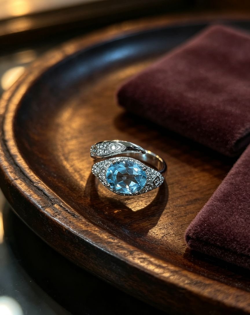 Stainless Steel Oval Blue Topaz Statement Ring, Ocean Inspired Twist Band with Paved Cubic Zirconia, Elegant Aquamarine‑tone Cocktail Ring for Women - 图片 4