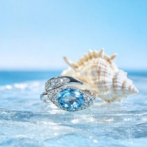 Stainless Steel Oval Blue Topaz Statement Ring, Ocean Inspired Twist Band with Paved Cubic Zirconia, Elegant Aquamarine‑tone Cocktail Ring for Women