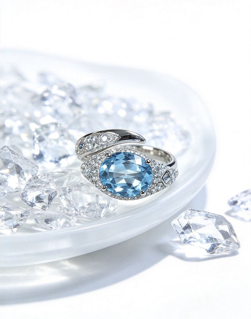 Stainless Steel Oval Blue Topaz Statement Ring, Ocean Inspired Twist Band with Paved Cubic Zirconia, Elegant Aquamarine‑tone Cocktail Ring for Women - 图片 3