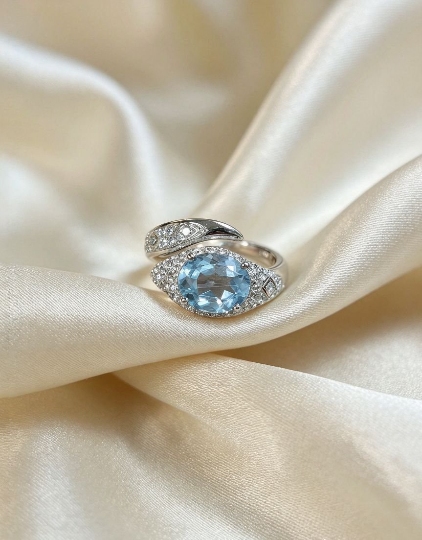 Stainless Steel Oval Blue Topaz Statement Ring, Ocean Inspired Twist Band with Paved Cubic Zirconia, Elegant Aquamarine‑tone Cocktail Ring for Women - 图片 2