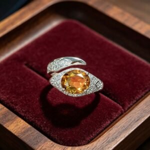 Stainless Steel Oval Citrine Statement Ring, Twist Bypass Band with Paved Cubic Zirconia, Elegant Golden‑tone Cocktail Ring for Women