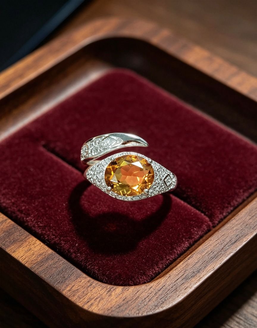 Stainless Steel Oval Citrine Statement Ring, Twist Bypass Band with Paved Cubic Zirconia, Elegant Golden‑tone Cocktail Ring for Women