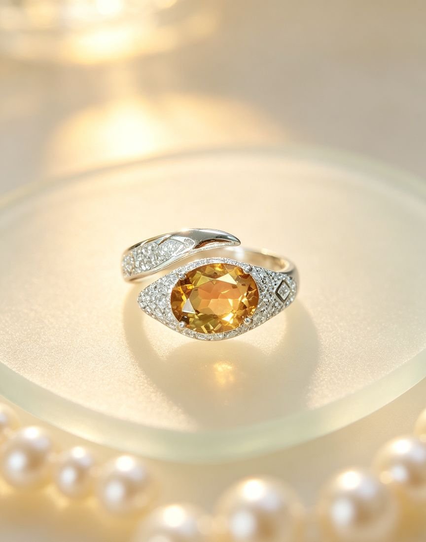 Stainless Steel Oval Citrine Statement Ring, Twist Bypass Band with Paved Cubic Zirconia, Elegant Golden‑tone Cocktail Ring for Women - 图片 2