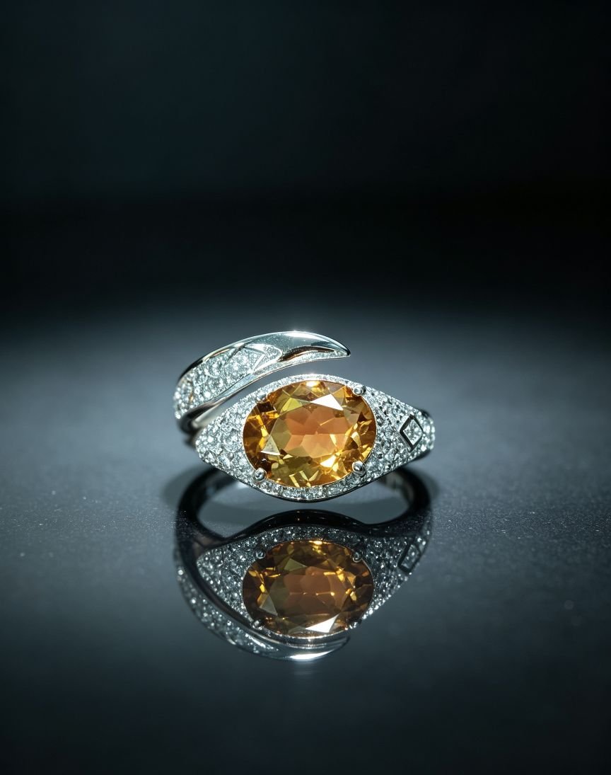 Stainless Steel Oval Citrine Statement Ring, Twist Bypass Band with Paved Cubic Zirconia, Elegant Golden‑tone Cocktail Ring for Women - 图片 4