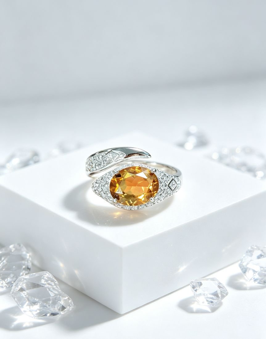 Stainless Steel Oval Citrine Statement Ring, Twist Bypass Band with Paved Cubic Zirconia, Elegant Golden‑tone Cocktail Ring for Women - 图片 3