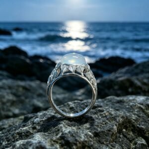 Vintage Hollow Ginkgo Leaf Oval Cabochon Moonstone Ring, Stainless Steel Band, Unique Luxury Women's Finger Ring