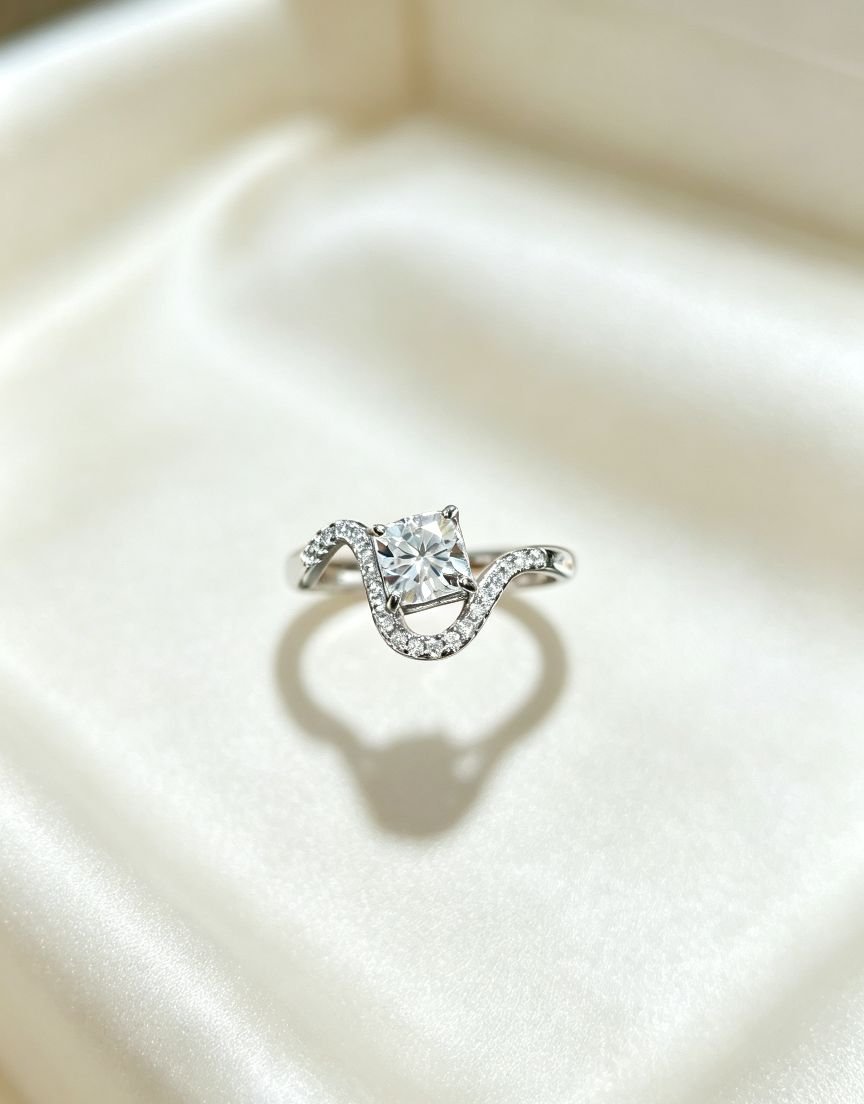 Luxury S-Shaped Twist Princess Cut Moissanite Titanium Steel Ring, Accent Cubic Zirconia Women Fashion Jewelry - 图片 2