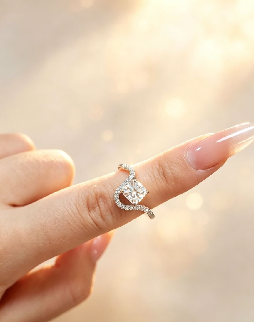 Luxury S-Shaped Twist Princess Cut Moissanite Titanium Steel Ring, Accent Cubic Zirconia Women Fashion Jewelry - 图片 4